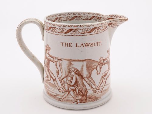 fig 1. Victorian Comedic Transfer Printed 'Lawsuit' Pottery Jug, Circa 1880