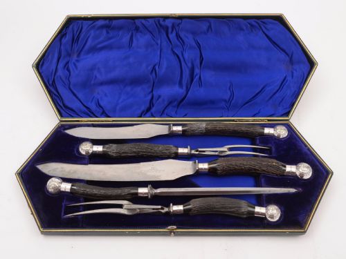 Victorian Cased Antler Handled 5 Piece Carving Set, 1899