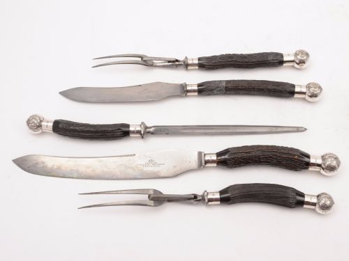 fig 1. Victorian Cased Antler Handled 5 Piece Carving Set, 1899