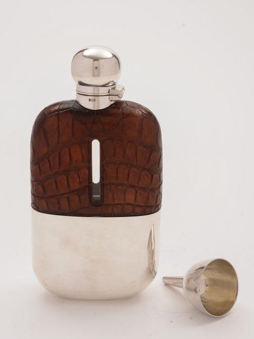 Edwardian Crocodile Leather Covered Hip Flask, Circa 1905