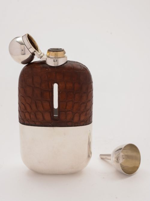 fig 1. Edwardian Crocodile Leather Covered Hip Flask, Circa 1905