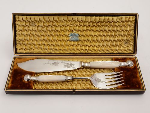 Cased Pair of Mother of Pearl Fish Servers, Circa 1880