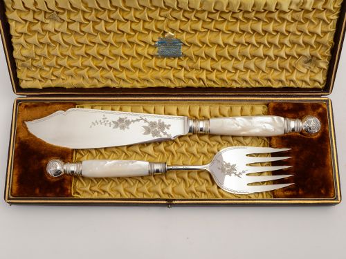 fig 1. Cased Pair of Mother of Pearl Fish Servers, Circa 1880