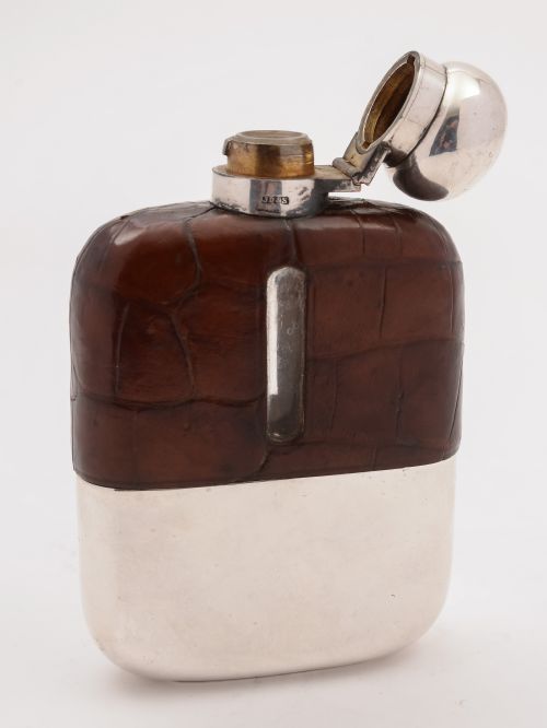 fig 1. Edwardian Crocodile Covered Hip Flask, Circa 1905