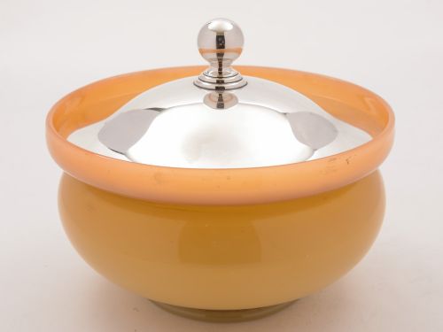 Peach Glass Powder Bowl with Silver Lid, Birmingham 1919