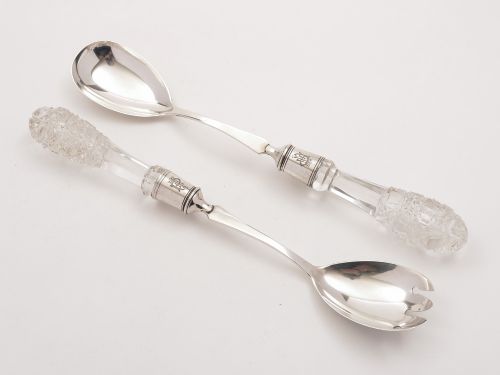 Edwardian Silver and Cut Glass Salad Servers, Birmingham 1904