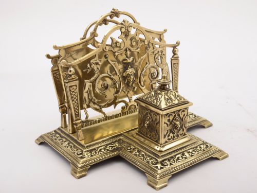 Victorian Brass Letter Rack/ink Well, Circa 1890