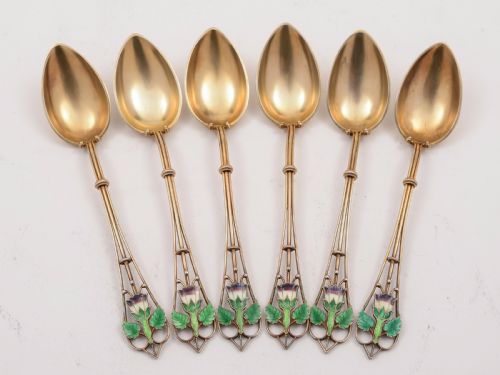 fig 1. Set of Six .830 Silver Gilt and Enamel Spoons