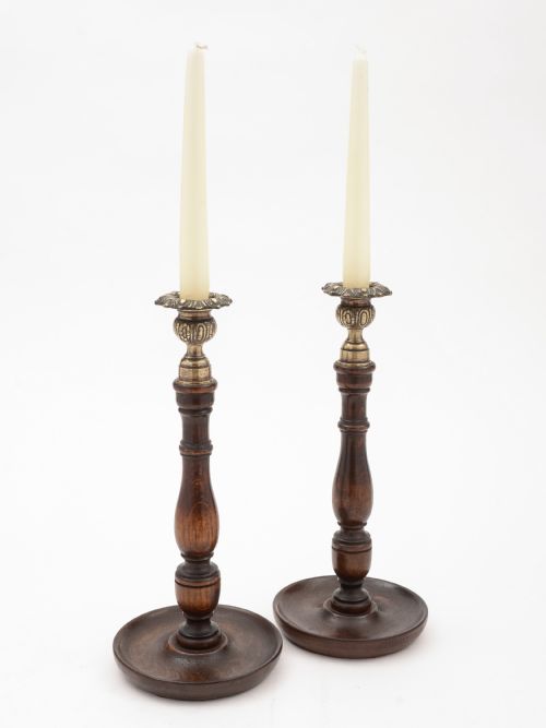 Pair of Turned Oak Candlesticks, Circa 1920