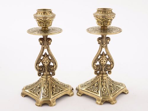 Pair of Victorian Brass Candlesticks in Tudor Style, Circa 1890