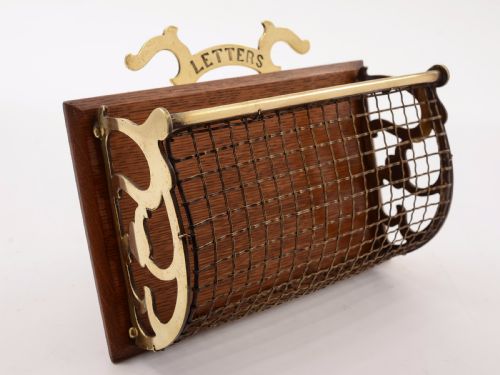 Edwardian Wall Brass and Oak Letter Rack, Circa 1905