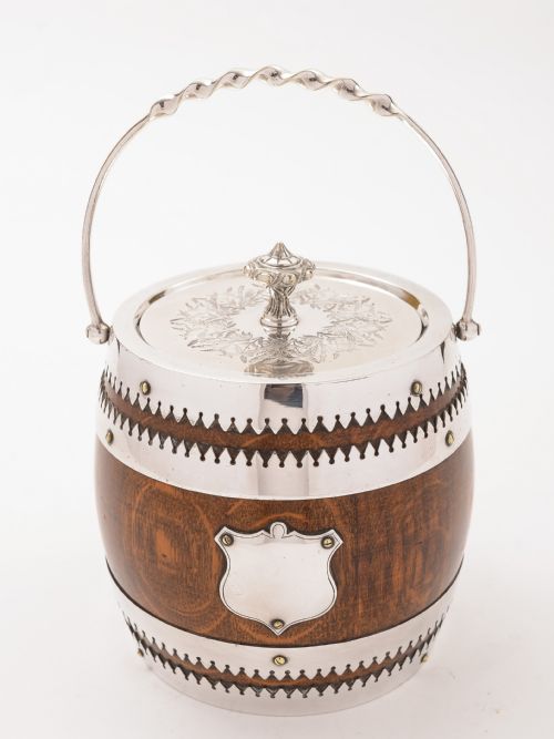 Victorian Oak and Silver Plated Biscuit Barrel, Circa 1890