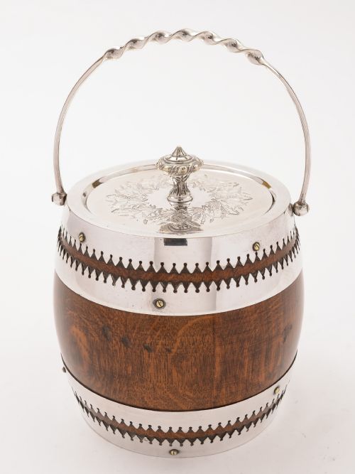 fig 1. Victorian Oak and Silver Plated Biscuit Barrel, Circa 1890