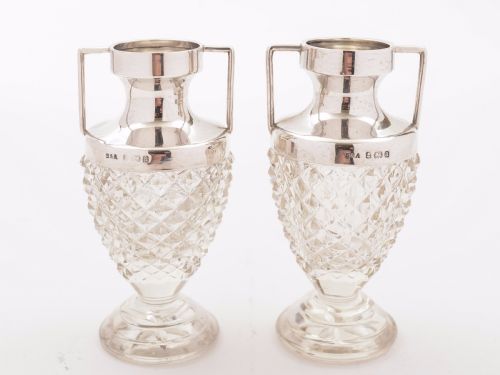 Pair of Cut Glass Silver Topped Vases, Birmingham 1900