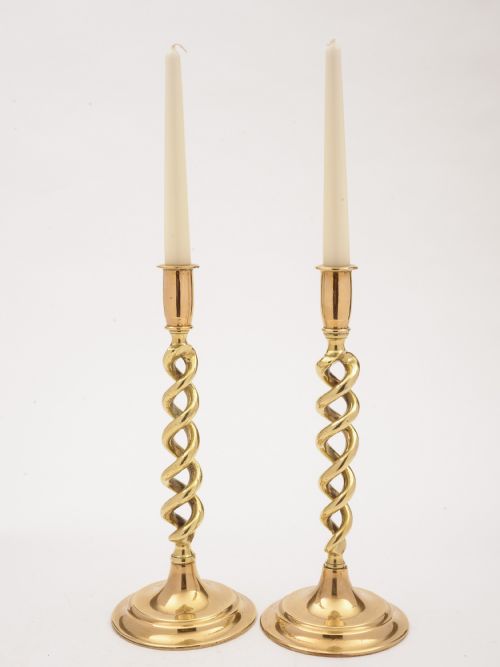 Pair of Brass Open Barley Twist Candlesticks, Circa 1920