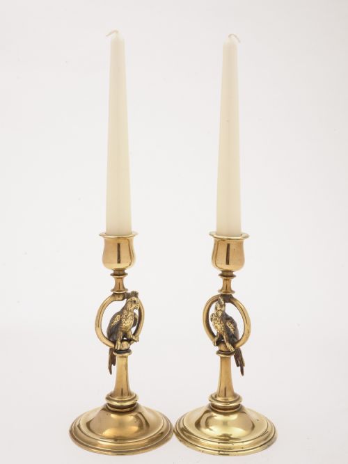 Pair of French Brass Parrot Candlesticks, Circa 1900