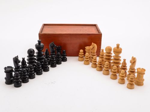 Cased Regency Style Boxwood Chess Set, Circa 1920