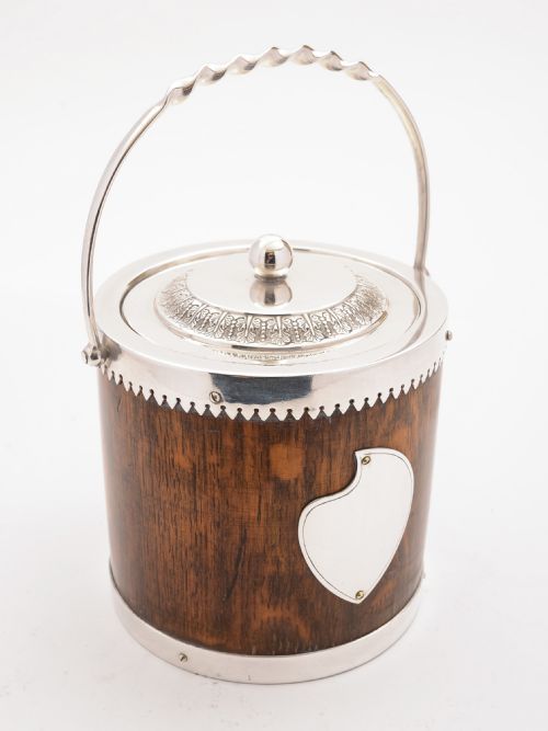 Victorian Oak and Silver Plated Biscuit Barrel, Circa 1890