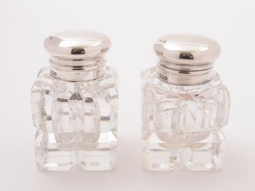 Pair of Silver Topped Cut Glass Ink Pots, Sheffield 1927