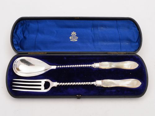 Elkington Silver Plated and Mother of Pearl Salad Servers, Circa 1880