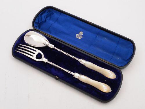 fig 1. Elkington Silver Plated and Mother of Pearl Salad Servers, Circa 1880