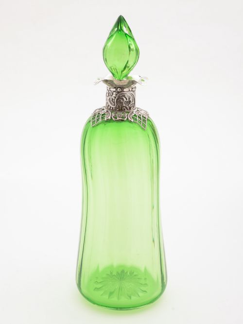 Victorian Green Glass and Silver Topped Decanter, London 1895