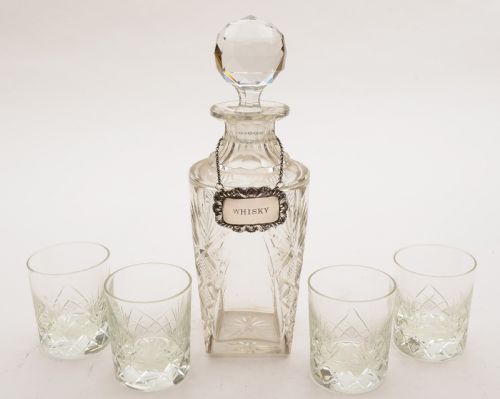 Whiskey Decanter with 4 Whiskey Tumblers, Circa 1920