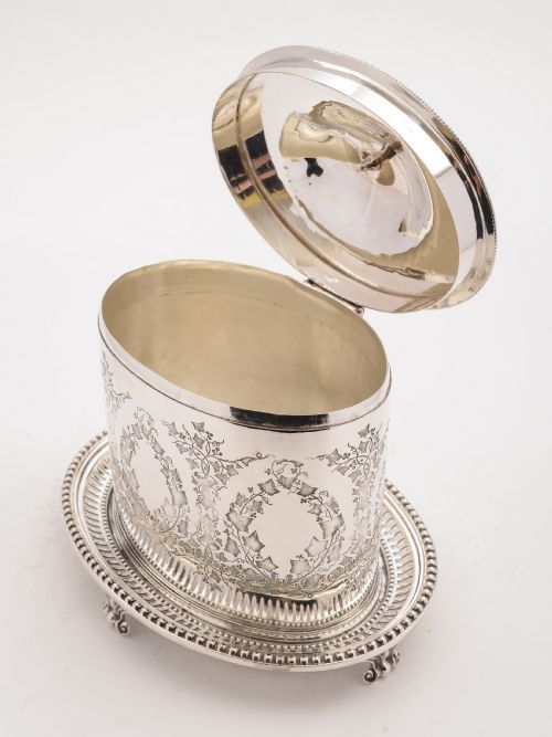 fig 1. Victorian Oval Silver Plated Biscuit Box, Circa 1890