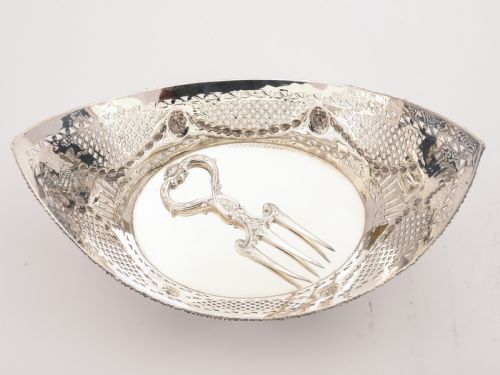 fig 1. Edwardian Silver Plated Bread Basket with Fork, Circa 1905