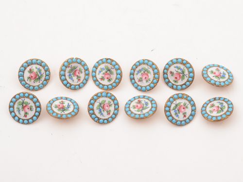 Set of 12 Brass and Enamel Buttons, Circa 1880