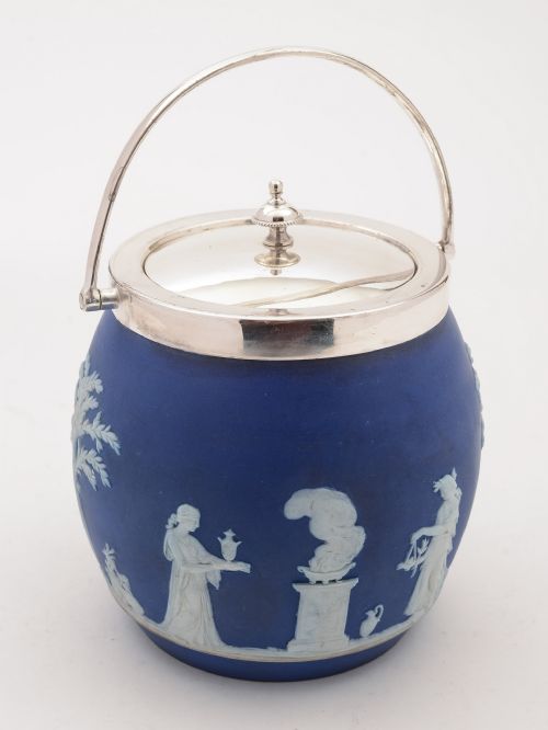 Wedgwood Blue Jasperware Biscuit Barrel, Circa 1900