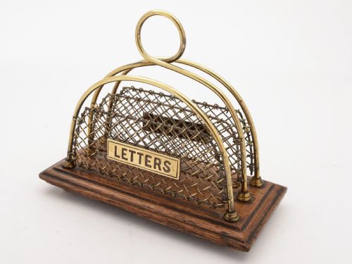 Edwardian Brass & Oak Letter Rack, Circa 1905