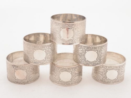 fig 1. Cased Set of 6 Silver Plated Napkin Rings, Circa 1900