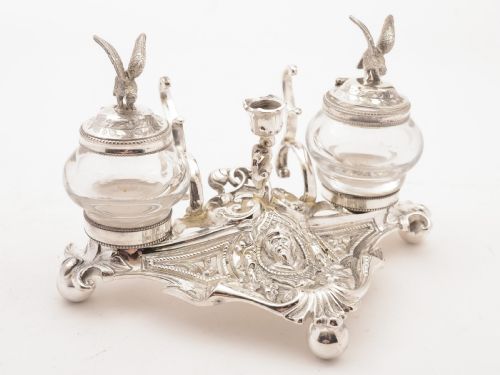 fig 1. European Silver Plated Ink Stand, Circa 1890