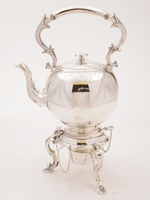 fig 1. Victorian Silver Plated Tea Kettle On Stand, Circa 1890