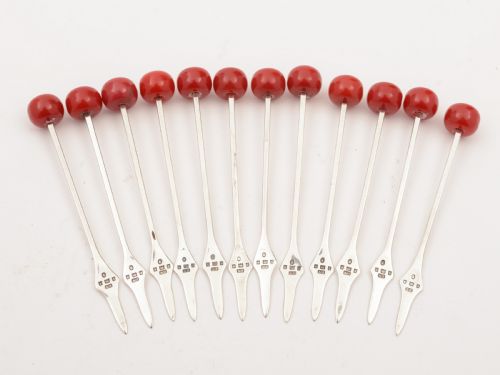 Set of 12 Silver and Bakelite Cocktail Sticks, London 1935