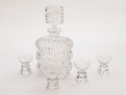 Bohemian Cut Glass Decanter and Glasses, Circa 1930