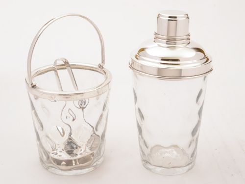 Glass & Silver Plated Cocktail Shaker with Ice Bucket, Circa 1930