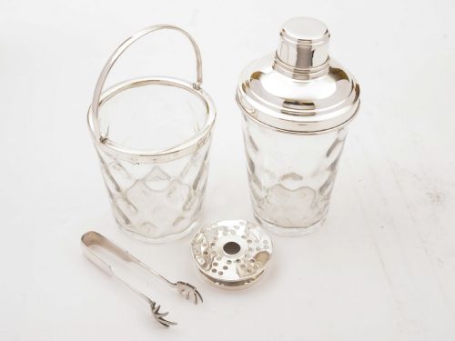 fig 1. Glass & Silver Plated Cocktail Shaker with Ice Bucket, Circa 1930