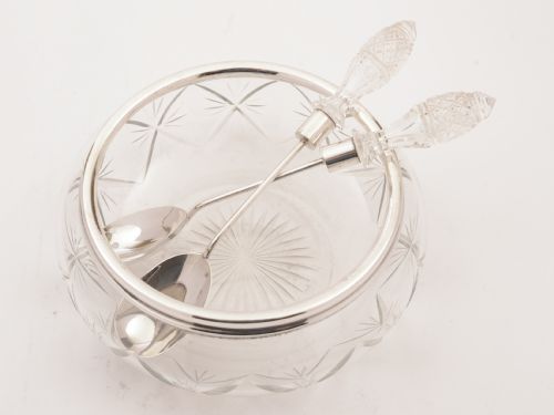 Edwardian Cut Glass and Silver Salad Bowl with Servers