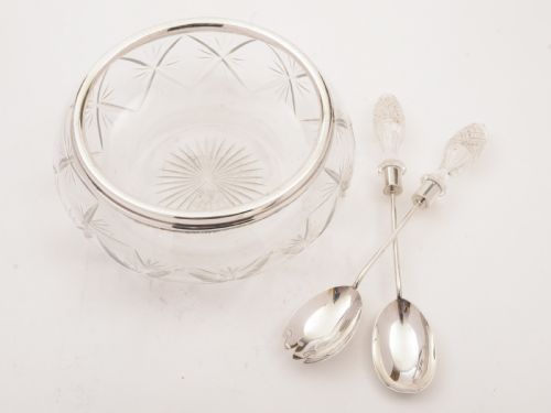 fig 1. Edwardian Cut Glass and Silver Salad Bowl With Servers