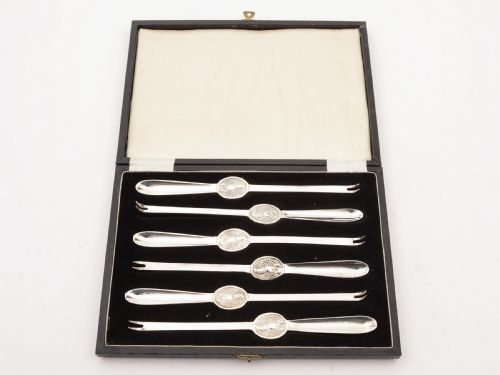 Cased Set of 6 Silver Plated Lobster Picks, Circa 1920