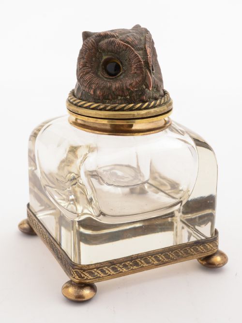 French Bronze Owl Topped Ink Pot, Circa 1900