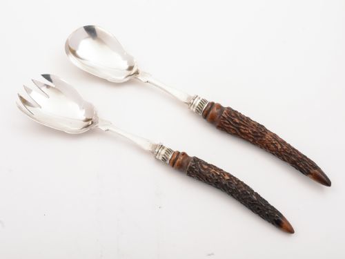 Victorian Antler Handled Salad Servers, Circa 1890