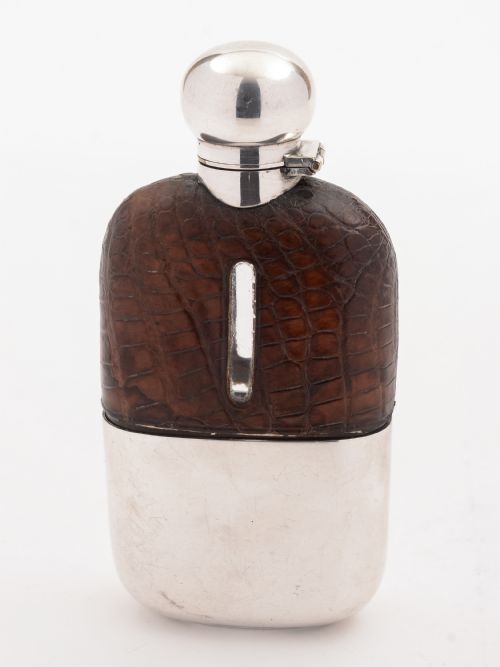 Edwardian Silver Plate and Crocodile Hip Flask, Circa 1905