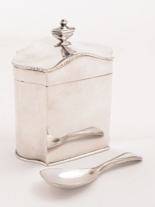 Edwardian Silver Plated Tea Caddy with Spoon, Circa 1905