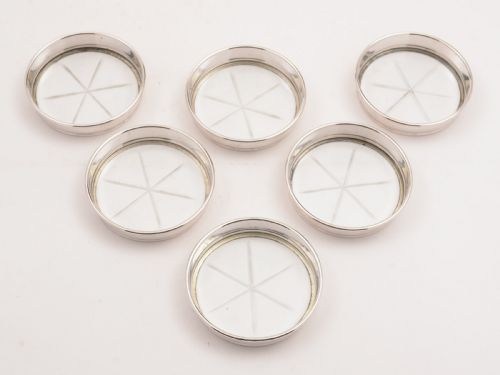 Set of 6 Sterling Silver and Glass Coasters, Circa 1920