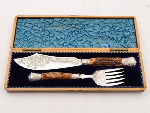 Cased Victorian Antler Handled Fish Servers, 1883