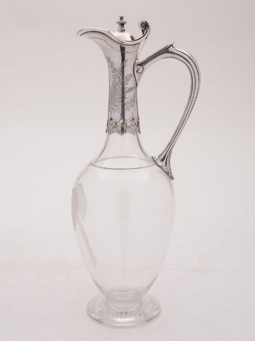 Fabulous Victorian Etched Peacock Claret Jug, Circa 1890
