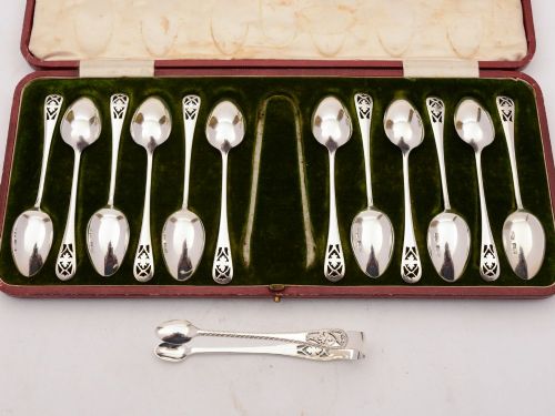 fig 1. Fabulous Cased Silver Tea Spoons and Tongs, Sheffield 1904